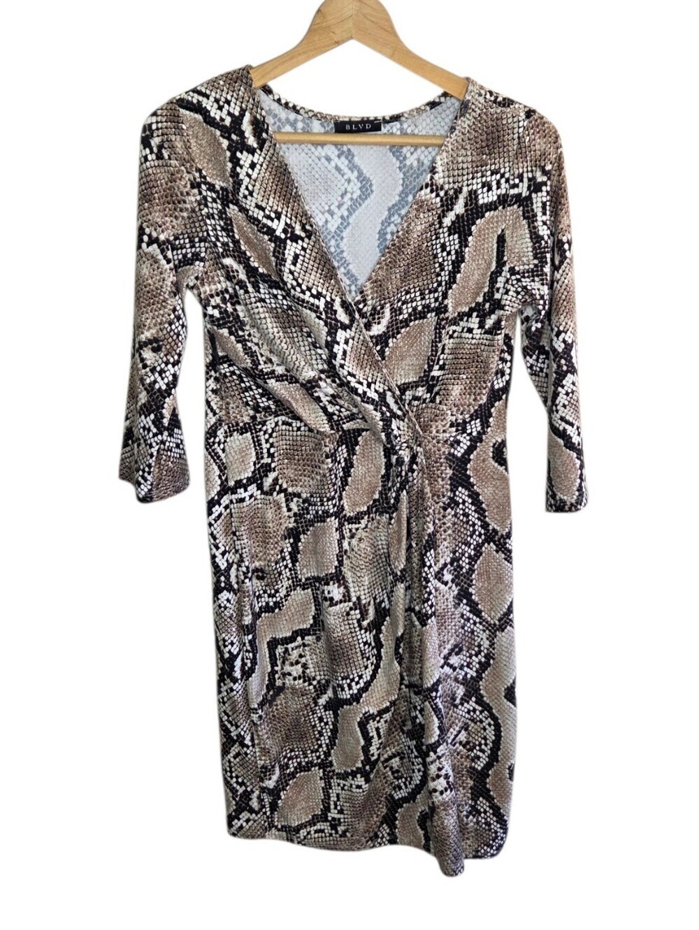 BLVD Black Brown Snakeskin Print Faux Wrap Bodycon Dress Size Large